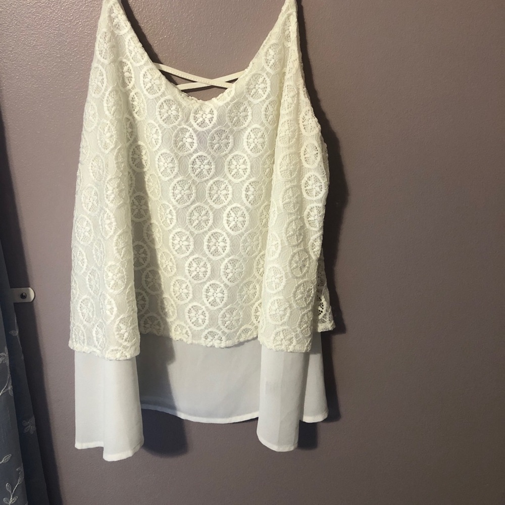 White chiffon tank with crochet overlay